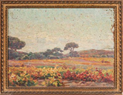 an image of a painting of a field with trees in the background