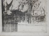 drawing of a street scene with a horse drawn carriage and people