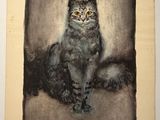 tableau représentant un chat aux yeux jaunes assis sur une table