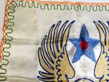 embroidery design of a blue star and wings on a white cloth