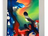 painting of a bird sitting on a tree branch with a colorful background