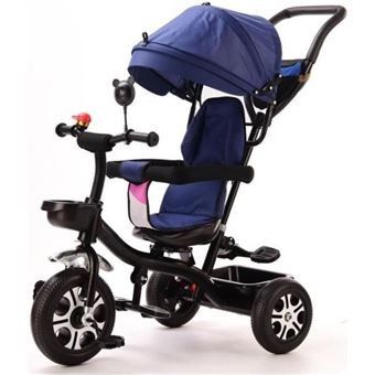 the tricycle is blue and has black wheels and a blue canopy