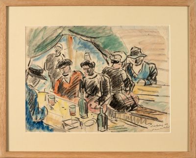 drawing of a group of people sitting on a boat in the water