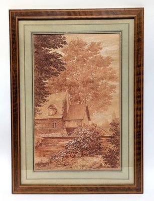 a painting of a house in a wooded area with trees and bushes