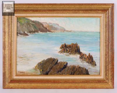 une peinture à l'huile représentant une plage rocheuse, avec des rochers au premier plan