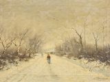 une image représentant un tableau où l'on voit une personne marchant sur une route enneigée