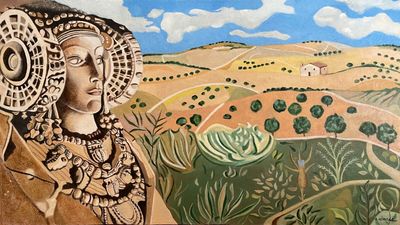 tableau représentant une femme debout devant un tableau représentant un paysage