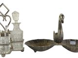 pair of silver plated candlesticks and a bowl