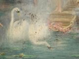 a painting of a swan swimming in the water