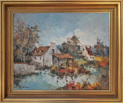 une image d'un tableau représentant une maison au bord d'une rivière