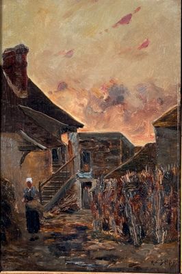une peinture à l'huile représentant une femme debout devant un immeuble