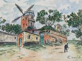 tableau représentant un moulin à vent devant lequel passe un homme dans un champ
