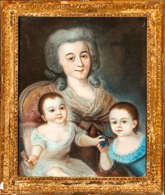 un vieux tableau représentant une femme et deux enfants assis sur une chaise