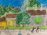 a drawing of a street scene with people and buildings