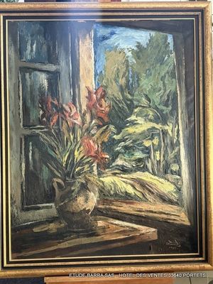 a painting of flowers in a vase on a window sill