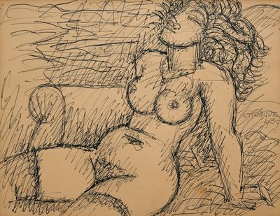 dessin représentant une femme nue assise par terre, les jambes croisées