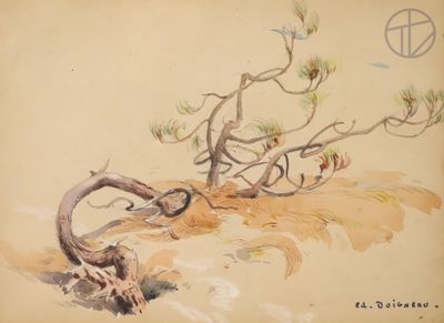drawing of a pine tree in a desert landscape with a peace sign in the background