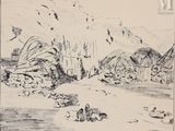 esquisses d'un dessin représentant un village avec une montagne en arrière-plan