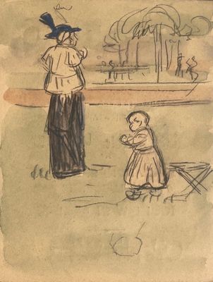 dessin représentant une femme et un enfant dans un parc avec une fontaine