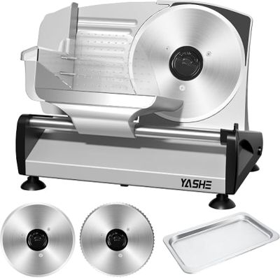 an image of a meat slicer with three blades and a tray