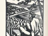 a black and white drawing of a woman sitting on a porch