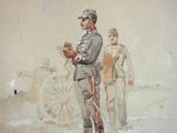 a painting of a man in uniform standing next to a horse drawn carriage