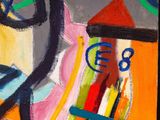 a painting of a clock on a wall with a clock on it