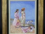 un tableau représentant deux femmes sur la plage avec un chien