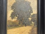 an oil painting of a country road with a tree in the foreground
