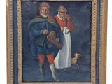 un vieux tableau représentant un homme et une femme accompagnés d'un chien