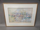 framed watercolor painting of boats in a harbor by a man