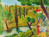 a painting of a woman sitting on a bench near a river