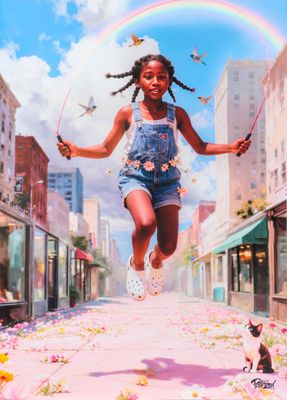 a young girl that is jumping in the air with a frisbee