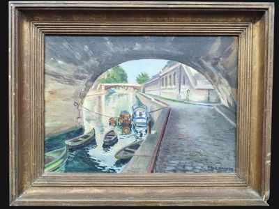 une photo d'un tableau représentant un bateau passant sous un pont