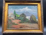 une peinture d'un paysage avec des arbres et une maison au loin