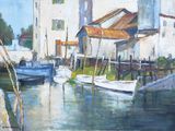 a painting of boats docked in a harbor next to a building