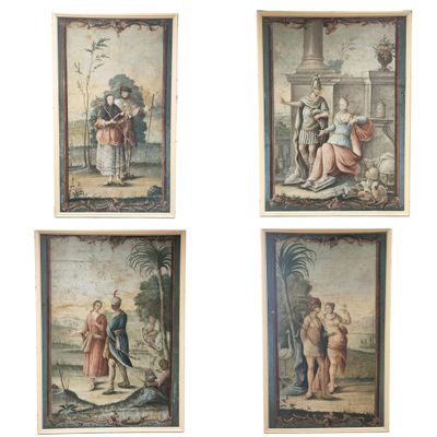 quatre tableaux encadrés représentant un homme et une femme dans un paysage