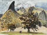 une aquarelle représentant une montagne avec un arbre au premier plan