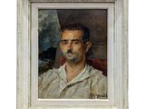 un tableau représentant un homme moustachu, dans un cadre blanc