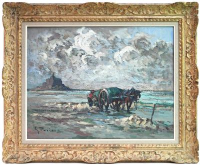 painting of horses pulling a plow through a field with a castle in the background