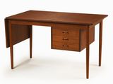 a wooden desk with two drawers and a drawer underneath it