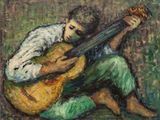 une peinture à l'huile représentant un homme assis par terre en train de jouer de la guitare