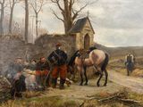 un tableau représentant un groupe d'hommes avec des chevaux dans un champ