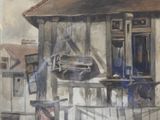 a painting of an old building with clothes hanging out to dry