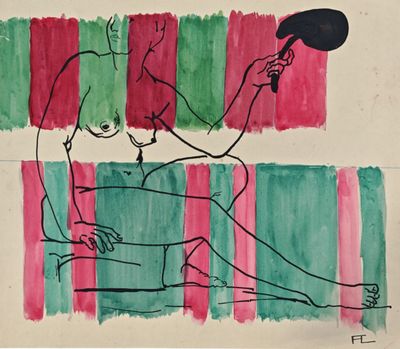 drawing of a woman sitting on a couch with a hat on her head