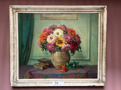 a painting of flowers in a vase on a table