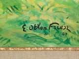 an image of a painting of a green field with trees in the background