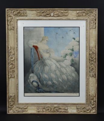 tableau représentant un pélican vêtu d'une robe blanche, assis sur une chaise