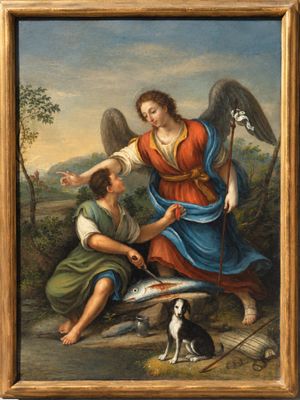 an image of a painting of an angel and a boy with a dog