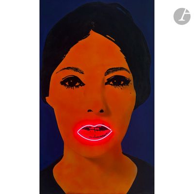 an image of a painting of a woman ' s face with a neon light in her mouth